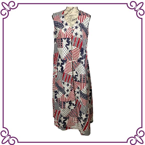 Handmade Maxi Sleeveless V-Neck Red White Blue Duster Patriotic Pattern - Picture 1 of 8